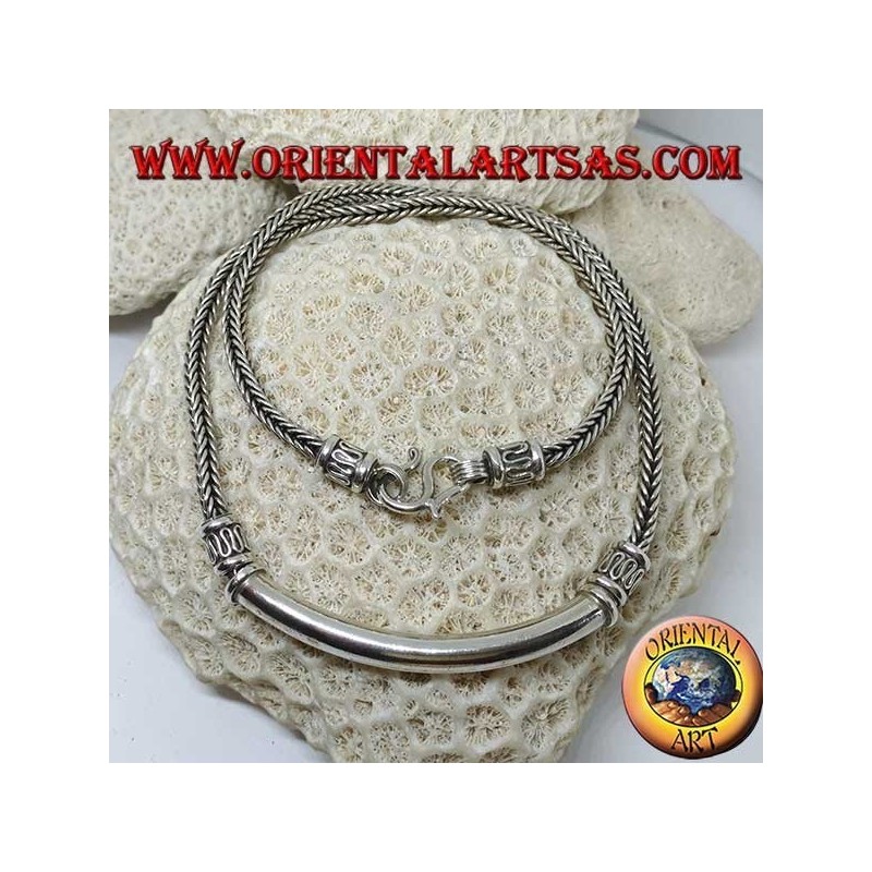 Collana in argento, treccia quadrata con inserto a tubo liscio