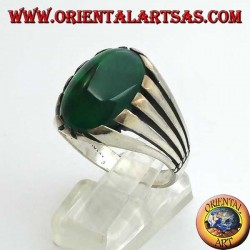 Silver ring with green agate with large oval cabochon, spoke setting