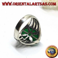 Silver ring with green agate with large oval cabochon, spoke setting