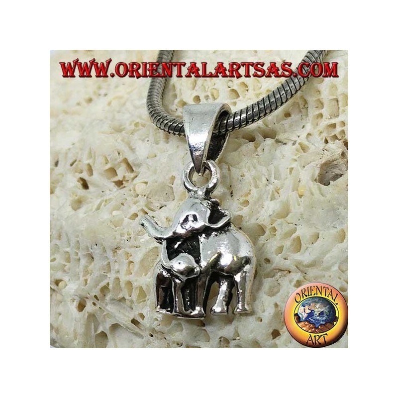 Ciondolo in argento, elefante con elefantino