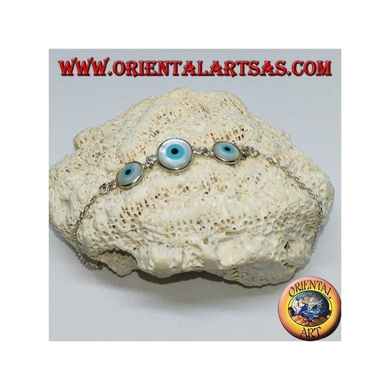 Soft silver bracelet with three Greek two-sided eye in the center