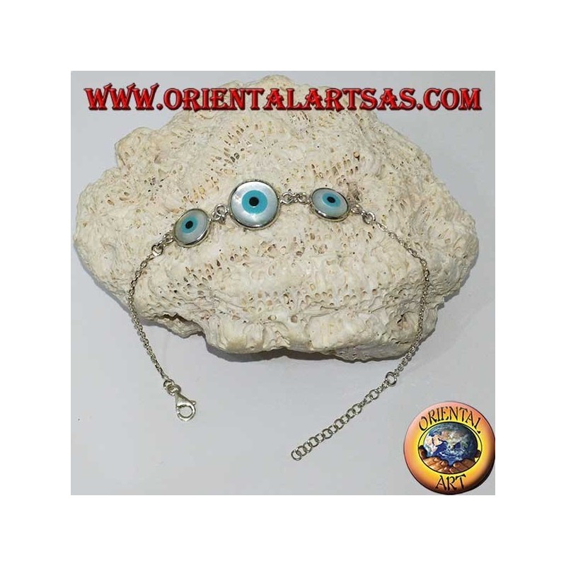 Soft silver bracelet with three Greek two-sided eye in the center