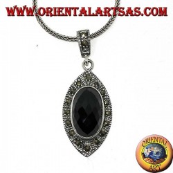 Silver pendant with faceted oval onyx and marcasite