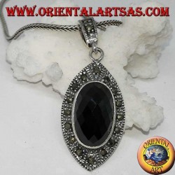 Silver pendant with faceted oval onyx and marcasite
