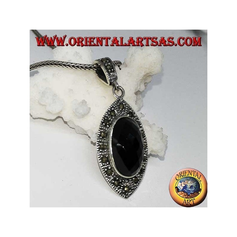 Silver pendant with faceted oval onyx and marcasite
