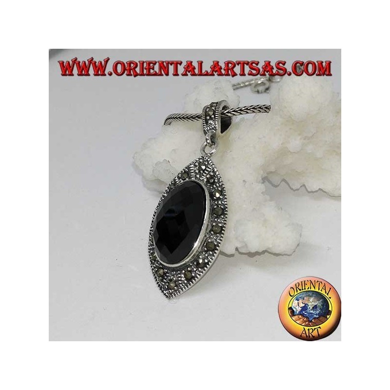 Silver pendant with faceted oval onyx and marcasite