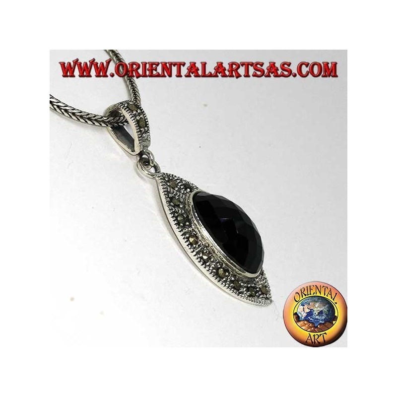 Silver pendant with faceted oval onyx and marcasite