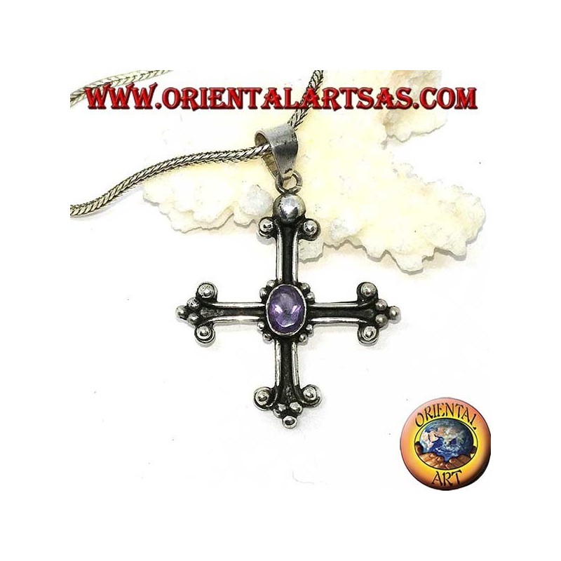 Pendentif en argent, croix ancrée avec améthyste ovale à facettes