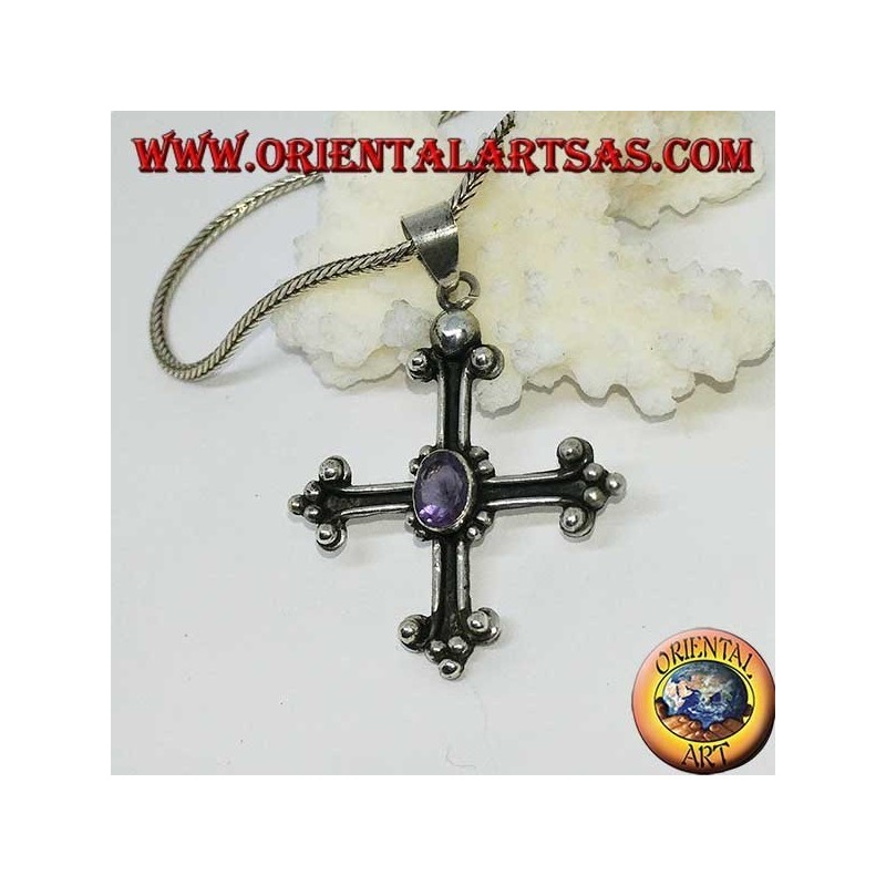 Colgante de plata, anclado en cruz con amatista ovalada facetada