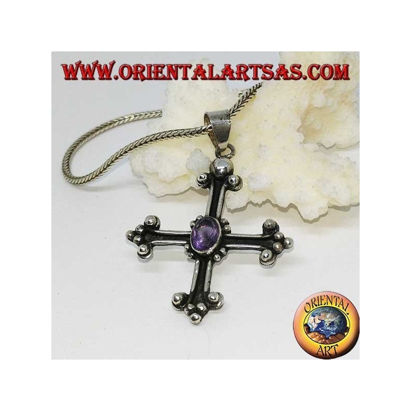 Colgante de plata, anclado en cruz con amatista ovalada facetada