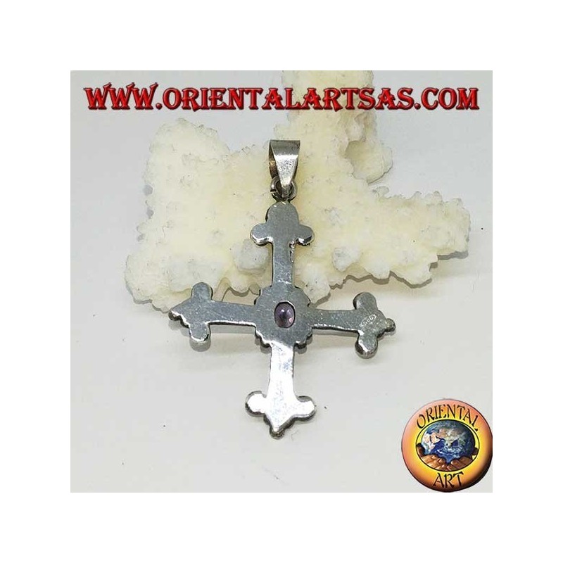 Silver pendant, cross anchored with faceted oval amethyst