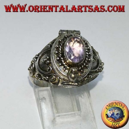 Box silver ring with amethyst and baroque decorations (poison holder)