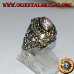Box silver ring with amethyst and baroque decorations (poison holder)