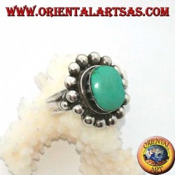 Silver ring with antique Tibetan turquoise oval edged with hemispheres