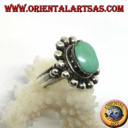 Silver ring with antique Tibetan turquoise oval edged with hemispheres
