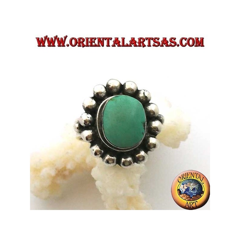 Silver ring with antique Tibetan turquoise oval edged with hemispheres