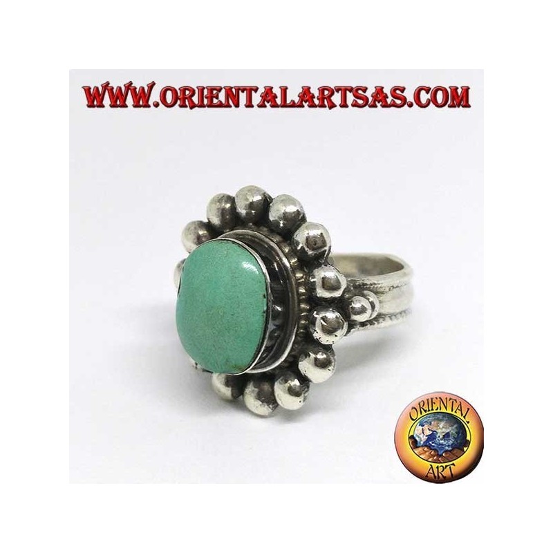 Silver ring with antique Tibetan turquoise oval edged with hemispheres
