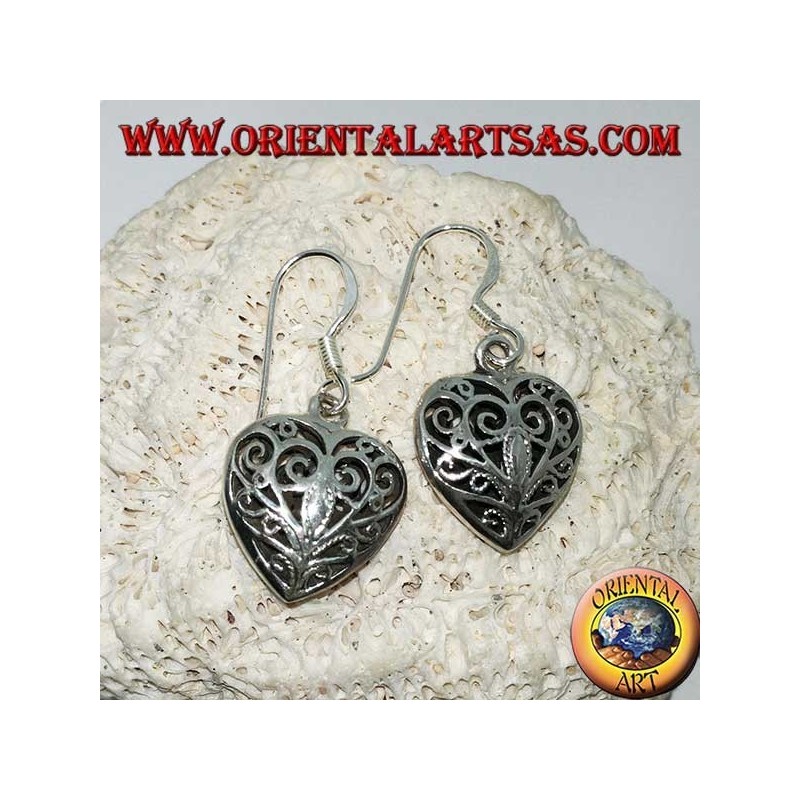 Silver earrings in the shape of a double-sided heart in baroque style