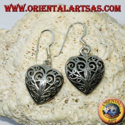 Silver earrings in the shape of a double-sided heart in baroque style