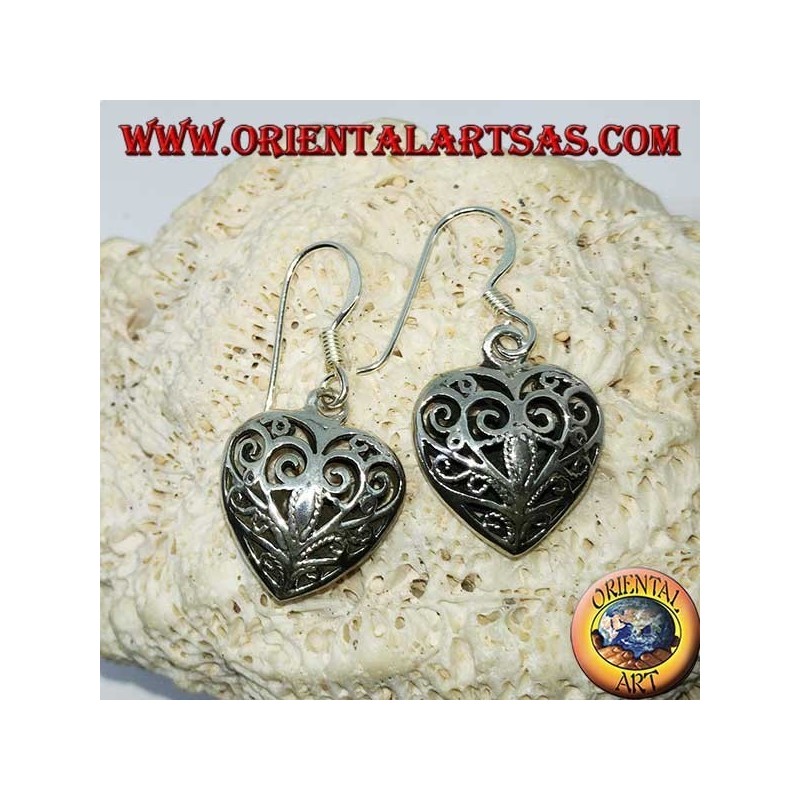 Silver earrings in the shape of a double-sided heart in baroque style