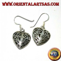 Silver earrings in the shape of a double-sided heart in baroque style