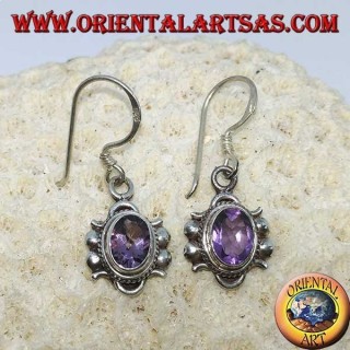 Silver dangling earrings with natural oval faceted Amethyst (handmade)