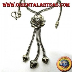 Silver necklace with rose and three tufts with spheres