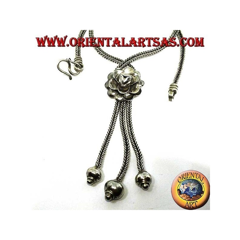 Silver necklace with rose and three tufts with spheres