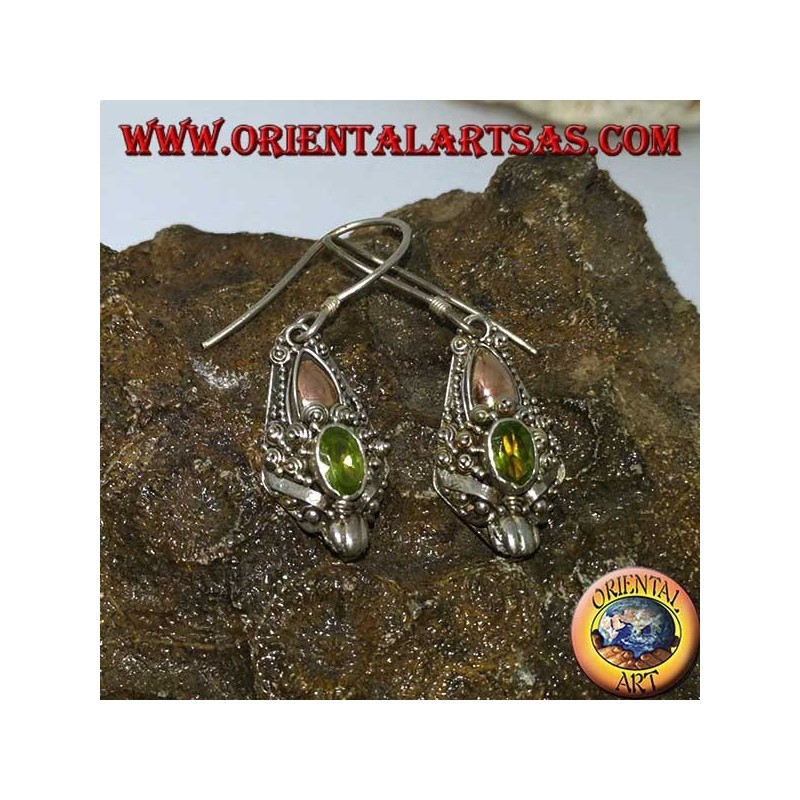 Silver dragon head earrings with peridot set and gold plates