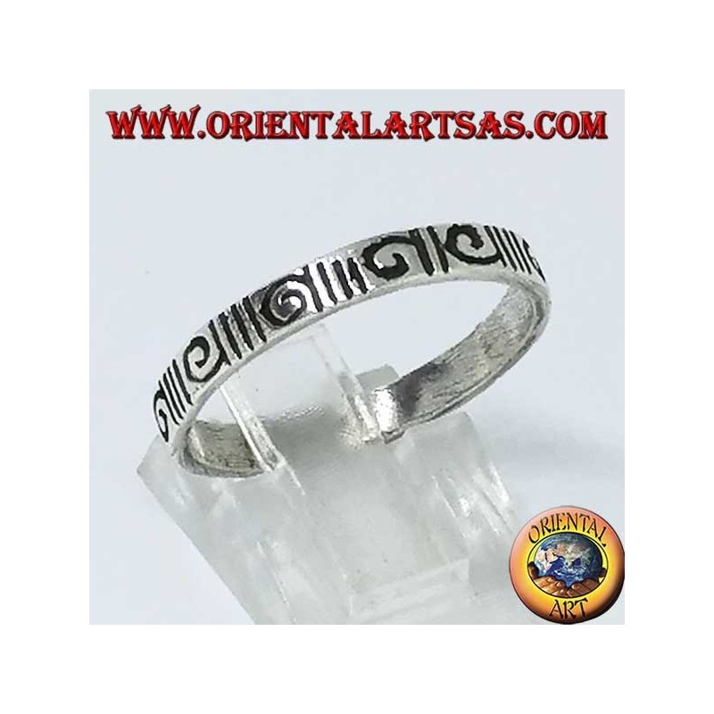 Silver band ring engraved with hourly spiral and anti-clockwise spiral