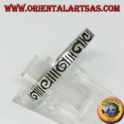 Silver band ring engraved with hourly spiral and anti-clockwise spiral