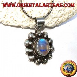 Silver pendant with oval labradorite fluorescence blue sphere edge on hemisphere