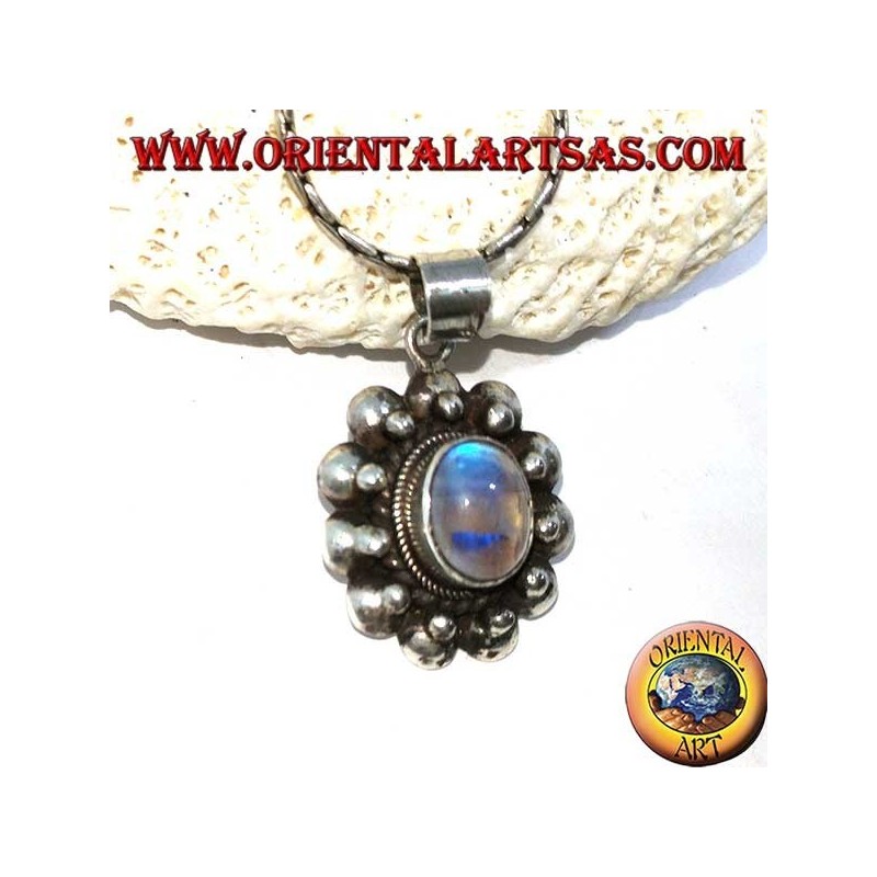 Colgante de plata con fluorescencia ovalada de labradorita esfera azul borde en el hemisferio