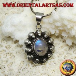 Silver pendant with oval labradorite fluorescence blue sphere edge on hemisphere