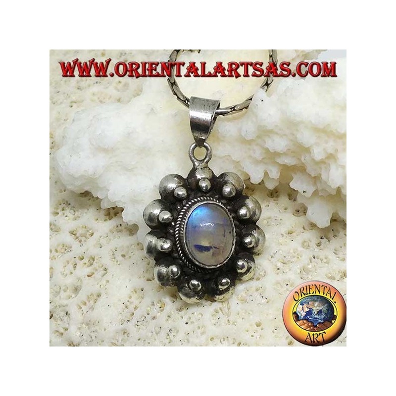 Colgante de plata con fluorescencia ovalada de labradorita esfera azul borde en el hemisferio