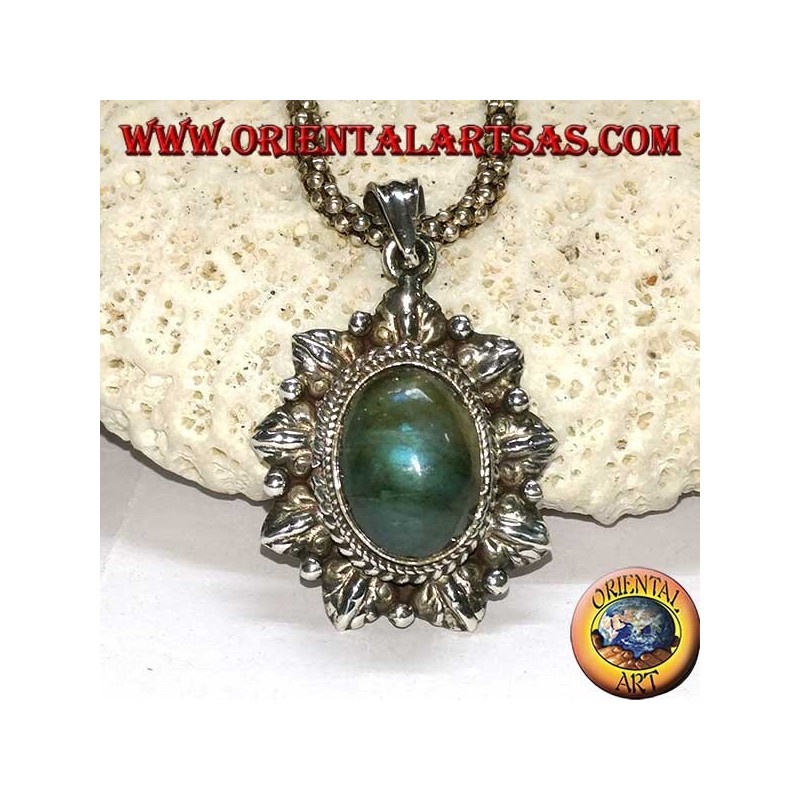 Silver pendant with oval labradorite and chiseled edge