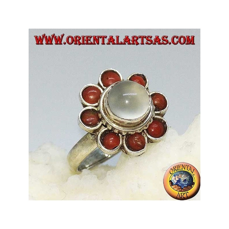 Silver ring with moonstone (adularia) surrounded by corals