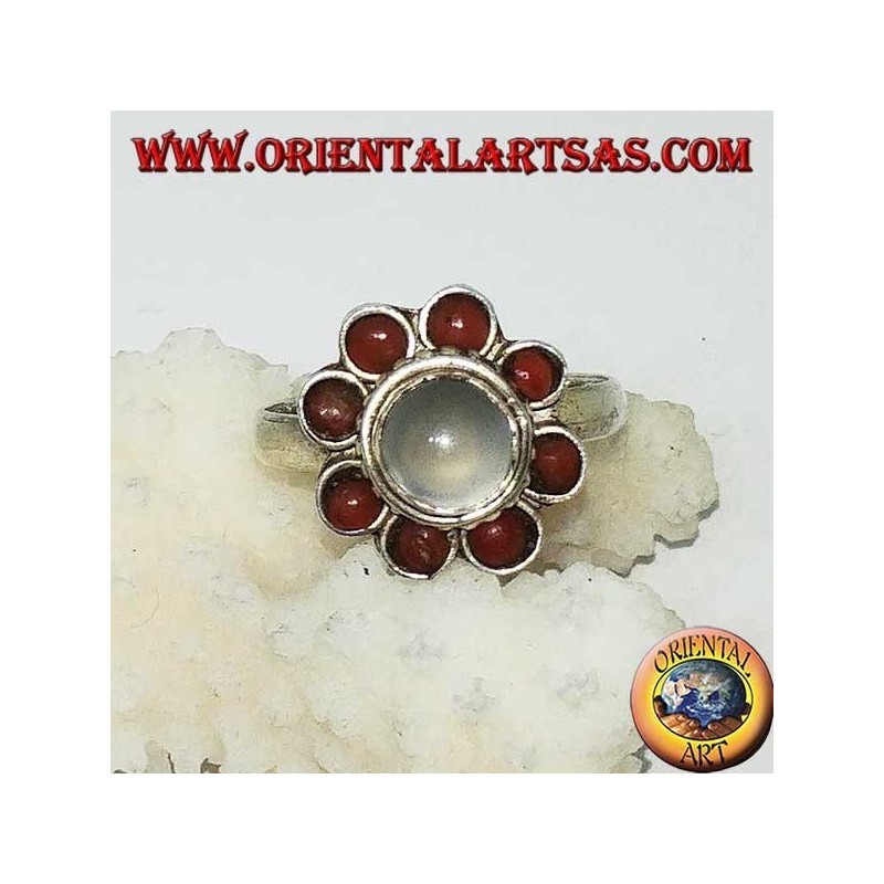 Silver ring with moonstone (adularia) surrounded by corals