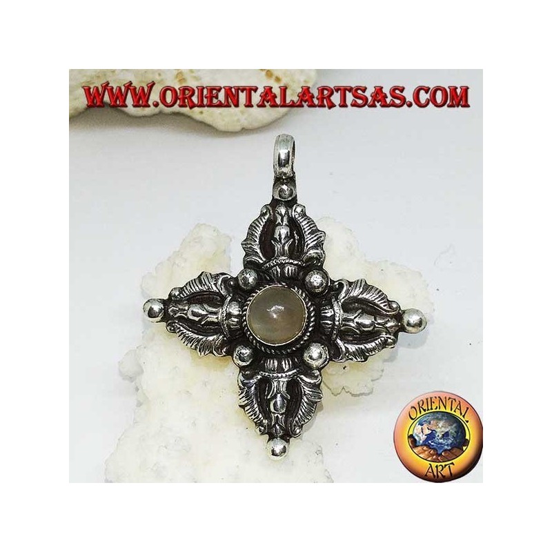 Pendentif en argent (925) Vajra Dorje Tibétain avec pierre de lune au centre