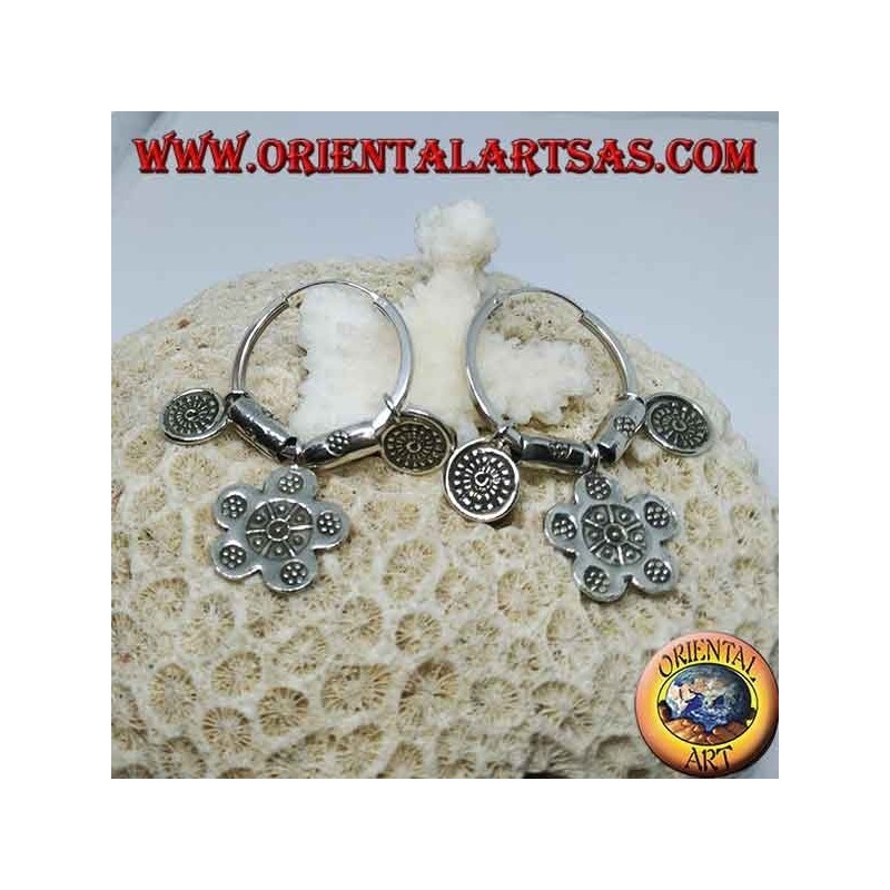 Silver tribal circle earrings (Karen) with pendants