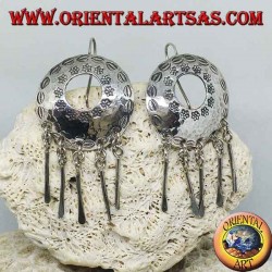 Silver pierced shield earrings with pendants handmade by Karen