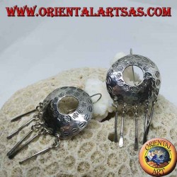 Silver pierced shield earrings with pendants handmade by Karen