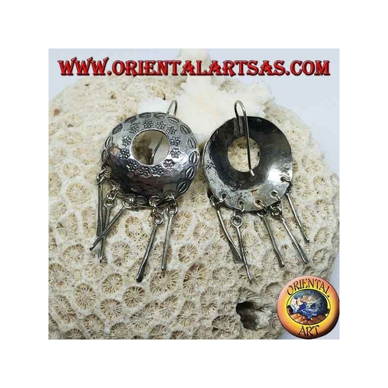 Silver pierced shield earrings with pendants handmade by Karen