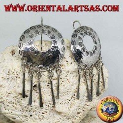 Silver pierced shield earrings with pendants handmade by Karen