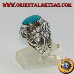 Silver ring hand-carved floral motifs with oval turquoise