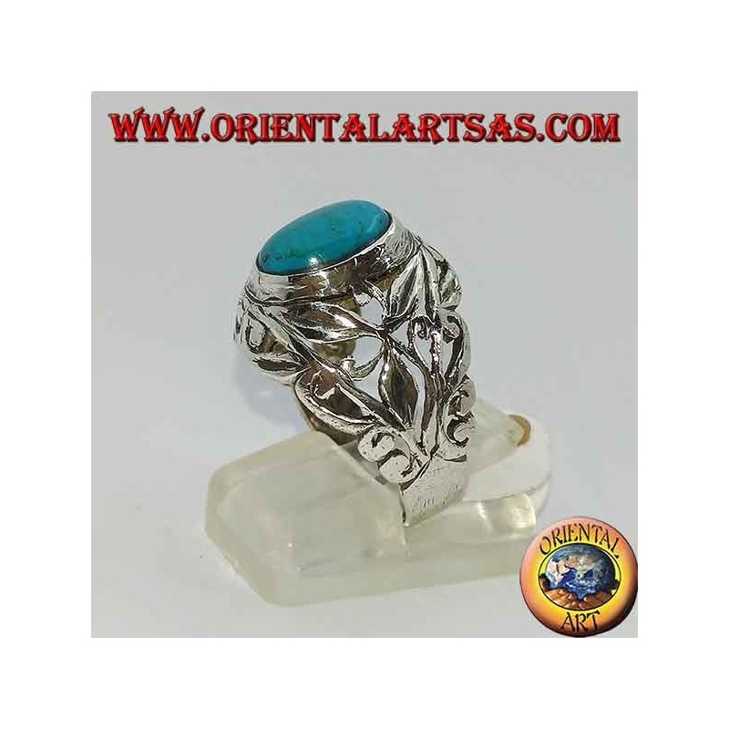 Silver ring hand-carved floral motifs with oval turquoise