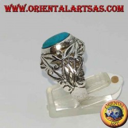 Silver ring hand-carved floral motifs with oval turquoise