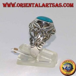 Silver ring hand-carved floral motifs with oval turquoise