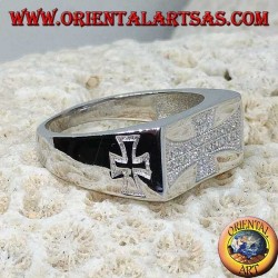 Silver ring, Templar cross with zircons and crosses engraved on the sides