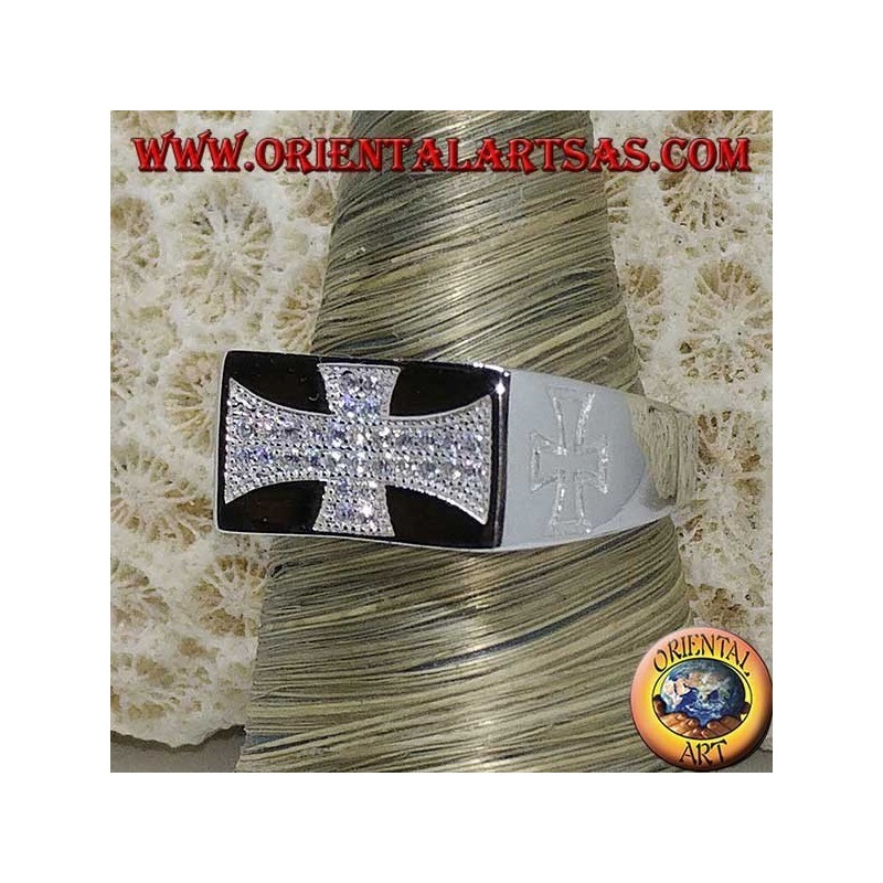 Silberring, Templerkreuz mit Zirkonen und seitlich eingravierten Kreuzen